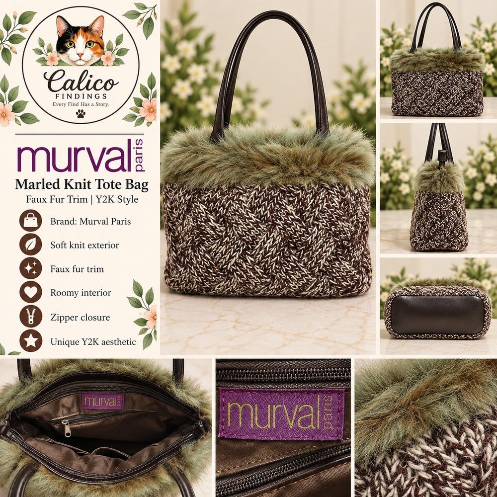 Murval Paris Marled Knit Tote Bag Brown Green Faux Fur Trim Y2K Zipper Closure